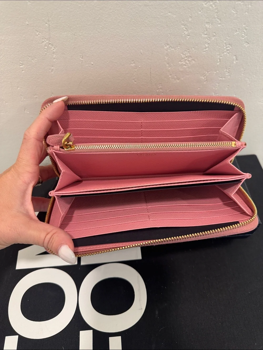 Prada Pink Saffiano Zip Wallet with Gold Hardware
